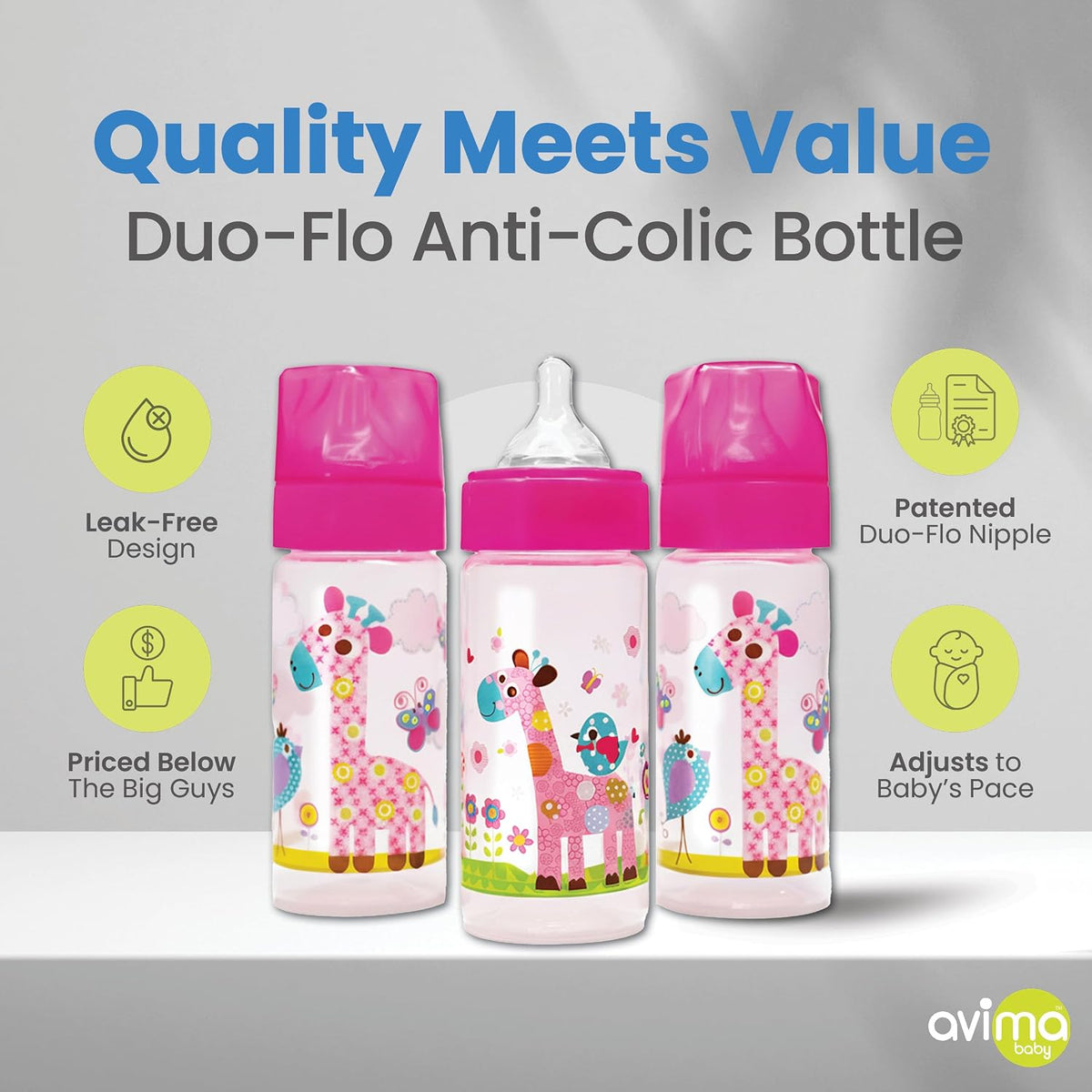 Avima 9 oz Anti Colic Baby Bottles w Medium Flow Nipples, 4-7M (Set of 3)