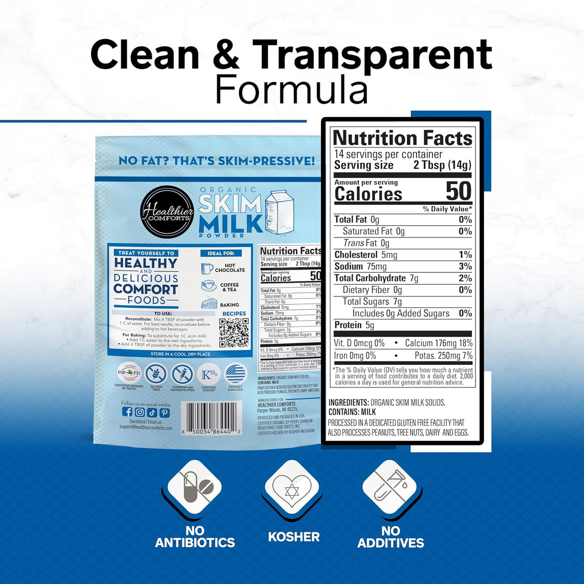 Healthier Comforts Organic Skim Milk Powder | Certified USDA Organic | Fat Free, Kosher, Gluten Free, Non-GMO, Shelf Stable | Perfect for Shakes, Smoothies, Coffee Creamer, Baking | Made in USA (7oz)