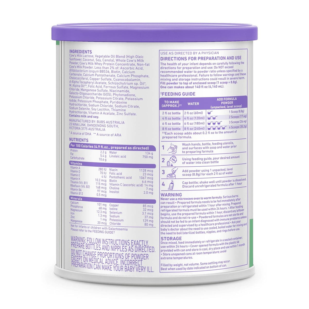 Bubs 365 Day Grass Fed Infant Formula for 0-12 Months, Non-GMO Milk, 20oz