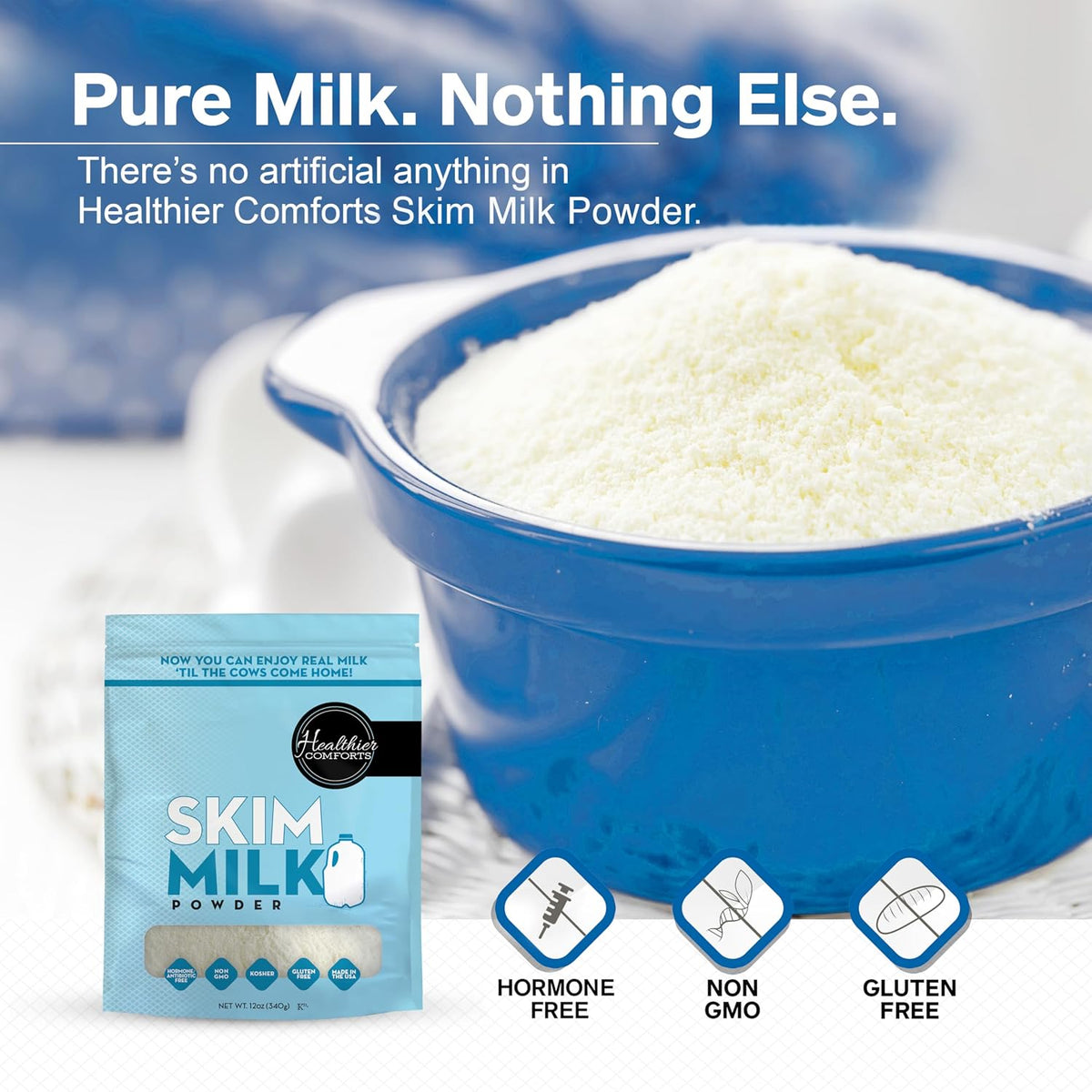 Healthier Comforts Skim Milk Powder | Fat Free, Shelf Stable | Kosher, Gluten Free, Non-GMO, Hormone and Antibiotic Free | Perfect for Shakes, Smoothies, Coffee Creamer, Baking | Made in USA (12oz)