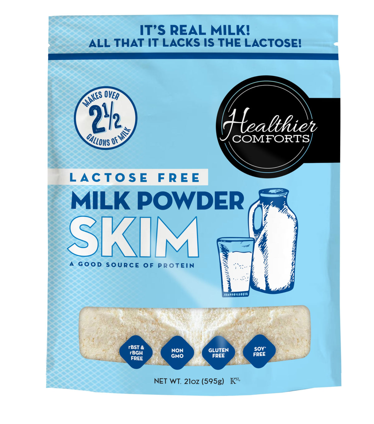 Healthier Comforts Lactose Free Skim Milk Powder | High Protein, Fat Free, Non-GMO, rBST Hormone Free, Kosher, Gluten Free, No Fillers | Baking, Coffee Creamer, Shakes| Makes 14 cups (7 oz) (7 oz)