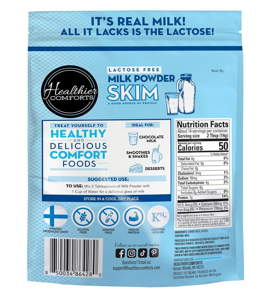 Healthier Comforts Lactose Free Skim Milk Powder | High Protein, Fat Free, Non-GMO, rBST Hormone Free, Kosher, Gluten Free, No Fillers | Baking, Coffee Creamer, Shakes| Makes 14 cups (7 oz) (7 oz)