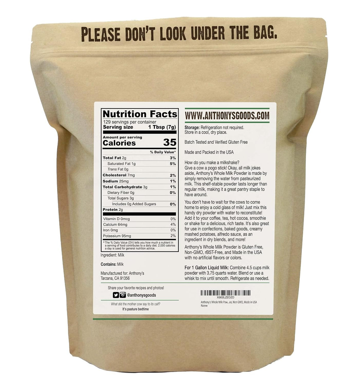 Anthony's Whole Milk Powder, 2 lb, Gluten Free, Non GMO, Made in USA