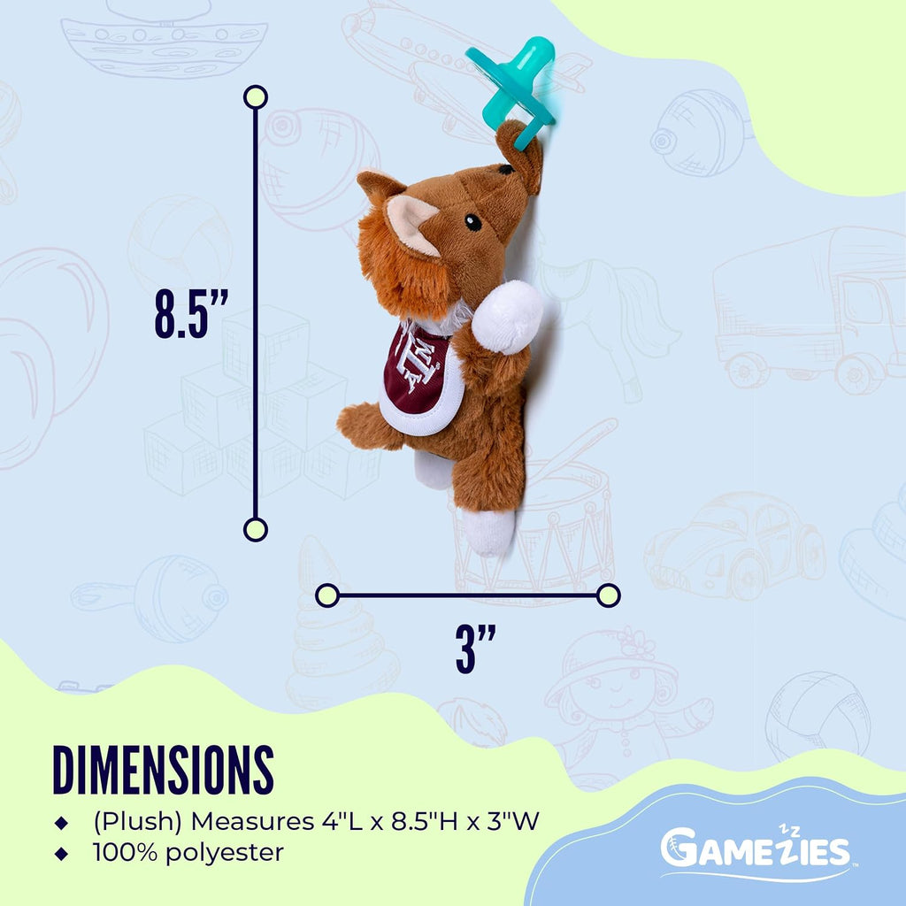 Gamezies Baby Boy and Girl Silicone Texas A&M University Reveille Mascot Plush Pacifier Collegiately Licensed, Removable, Washable Plush Toy, CPSIA Tested, BPA-Free 0-6 Months