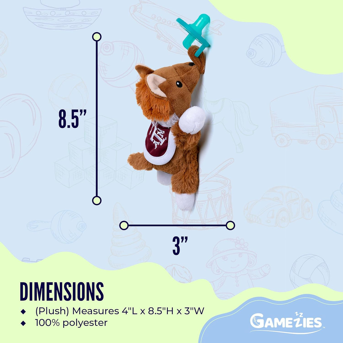 Gamezies Baby Boy and Girl Silicone Texas A&M University Reveille Mascot Plush Pacifier Collegiately Licensed, Removable, Washable Plush Toy, CPSIA Tested, BPA-Free 0-6 Months