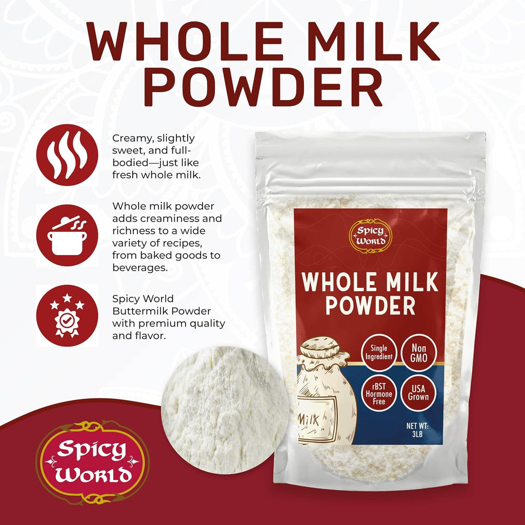 Spicy World Whole Milk Powder 3 LB Bulk Bag - RBST Hormone Free, Made in USA, Non-GMO, Premium Grade - Perfect for Baking, Drinking, and More!