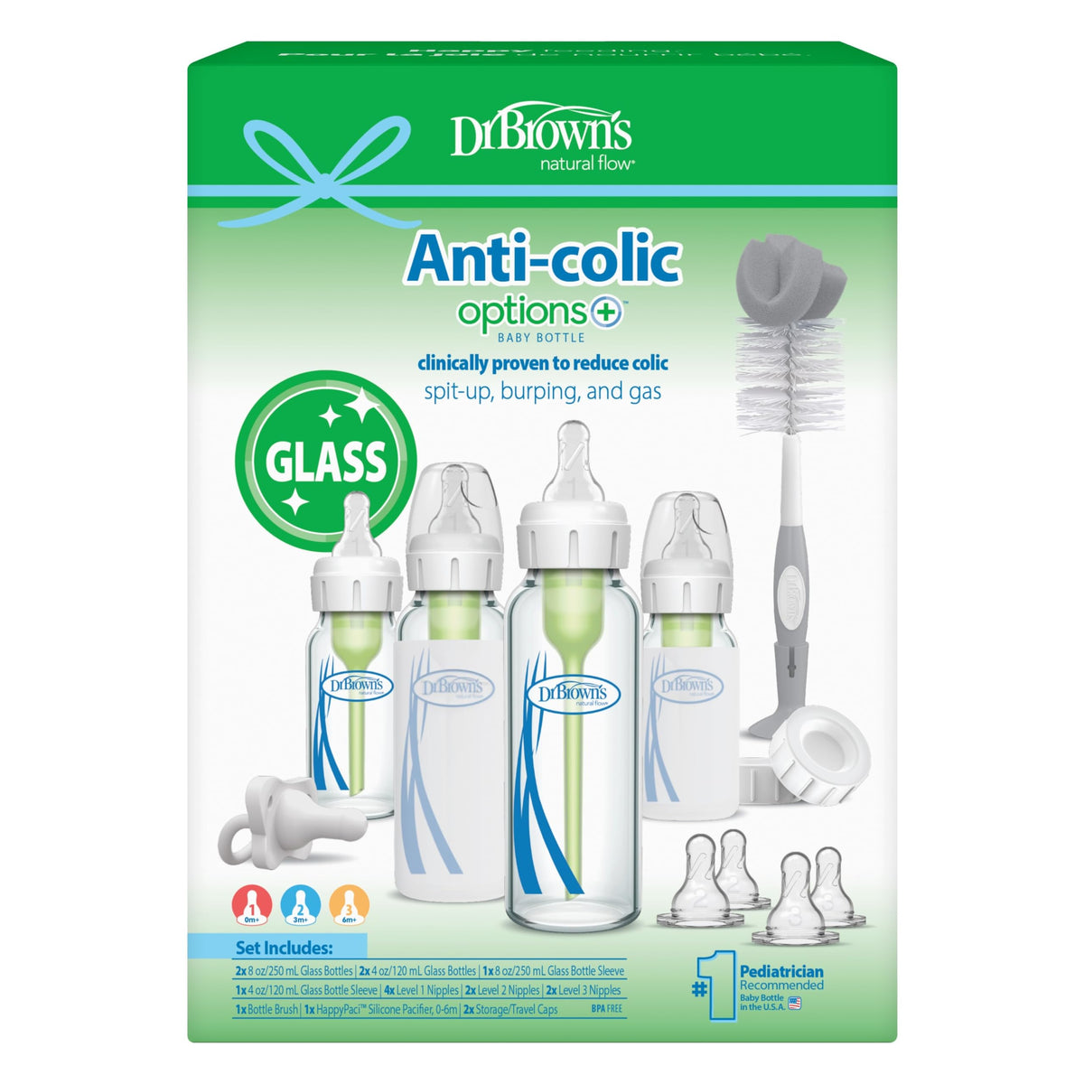 Dr. Brown's Anti-Colic Options+ Narrow Glass Baby Bottle, 8 oz, 4-Pack