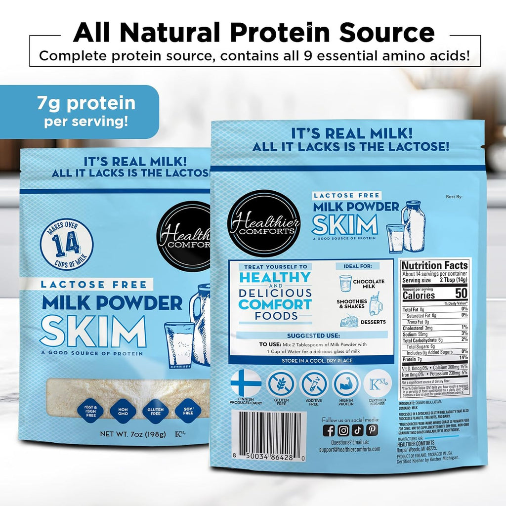 Healthier Comforts Lactose Free Skim Milk Powder | High Protein, Fat Free, Non-GMO, rBST Hormone Free, Kosher, Gluten Free, No Fillers | Baking, Coffee Creamer, Shakes| Makes 14 cups (7 oz) (7 oz)