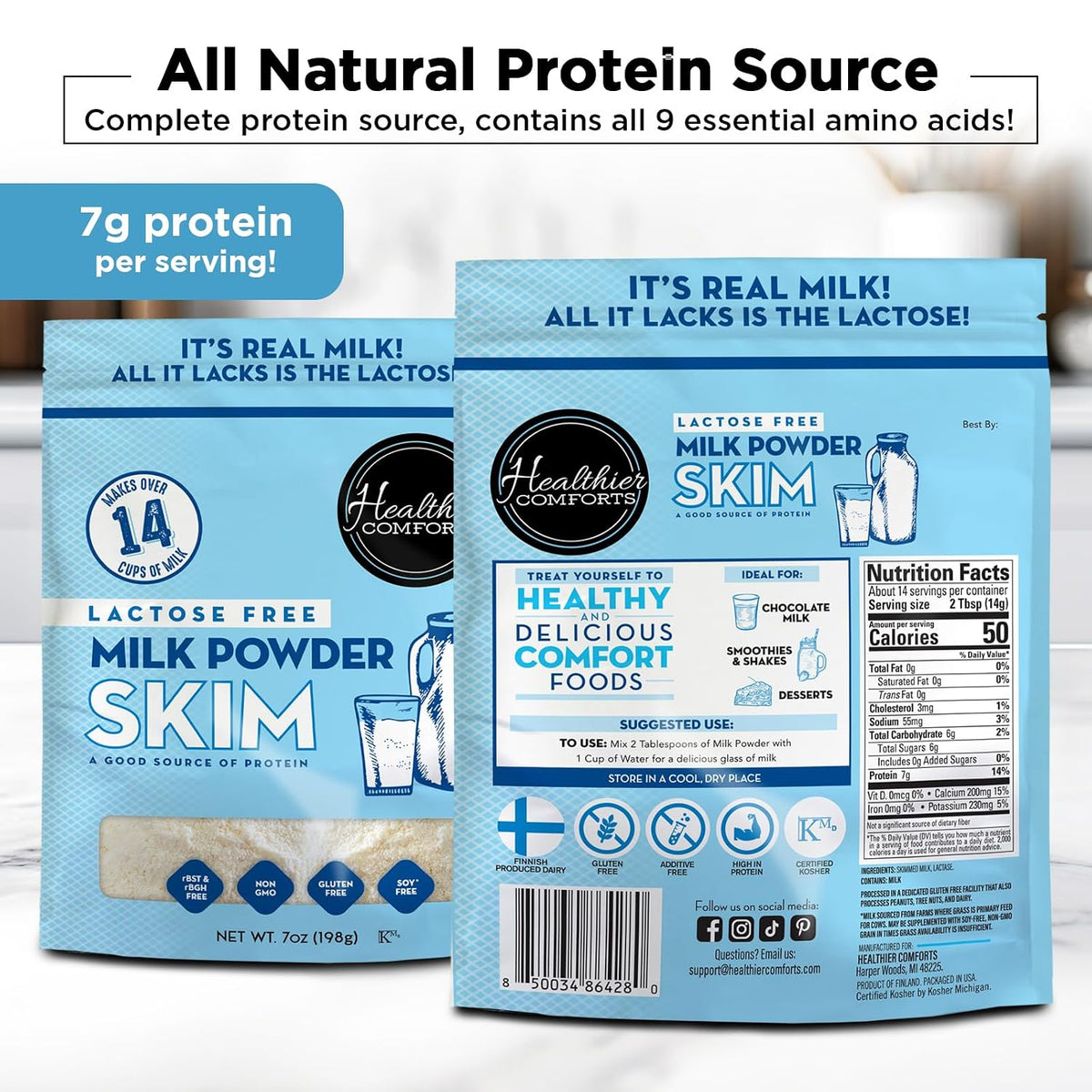 Healthier Comforts Lactose Free Skim Milk Powder | High Protein, Fat Free, Non-GMO, rBST Hormone Free, Kosher, Gluten Free, No Fillers | Baking, Coffee Creamer, Shakes| Makes 14 cups (7 oz) (7 oz)
