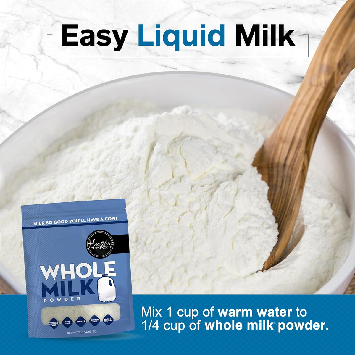 Healthier Comforts Whole Milk Powder | Shelf Stable | Kosher, Gluten Free, Non-GMO, Hormone and Antibiotic Free | Perfect for Shakes, Smoothies, Coffee Creamer, Baking | Made in USA (12oz)