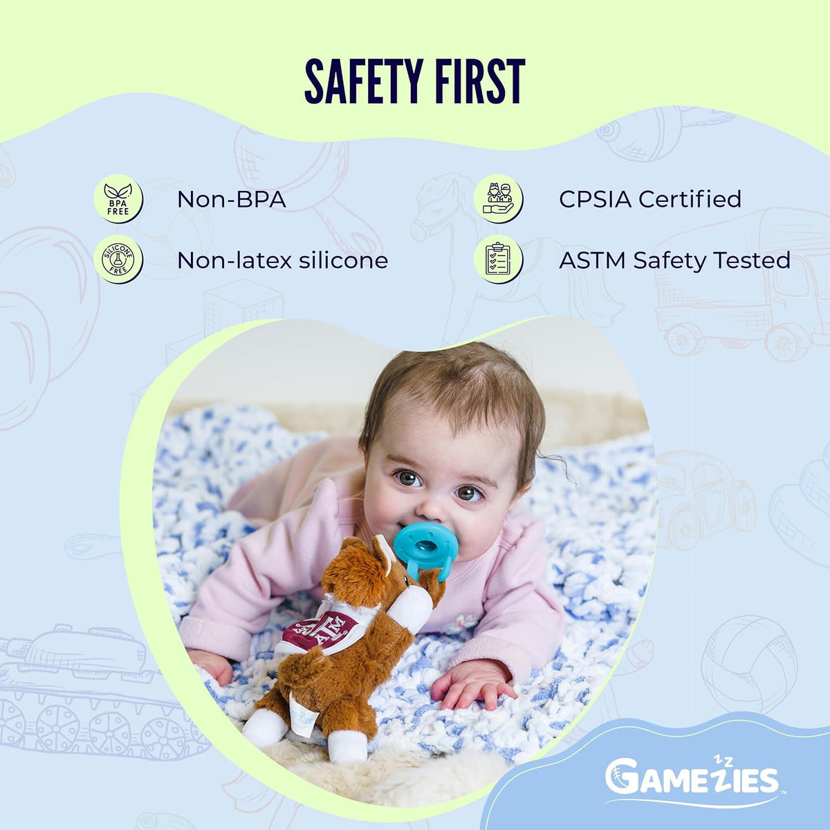 Gamezies Baby Boy and Girl Silicone Texas A&M University Reveille Mascot Plush Pacifier Collegiately Licensed, Removable, Washable Plush Toy, CPSIA Tested, BPA-Free 0-6 Months