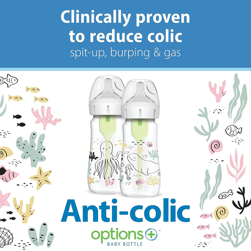 Dr. Brown's Anti-Colic Options+ Wide-Neck Baby Bottles, Ocean, 2-Pack