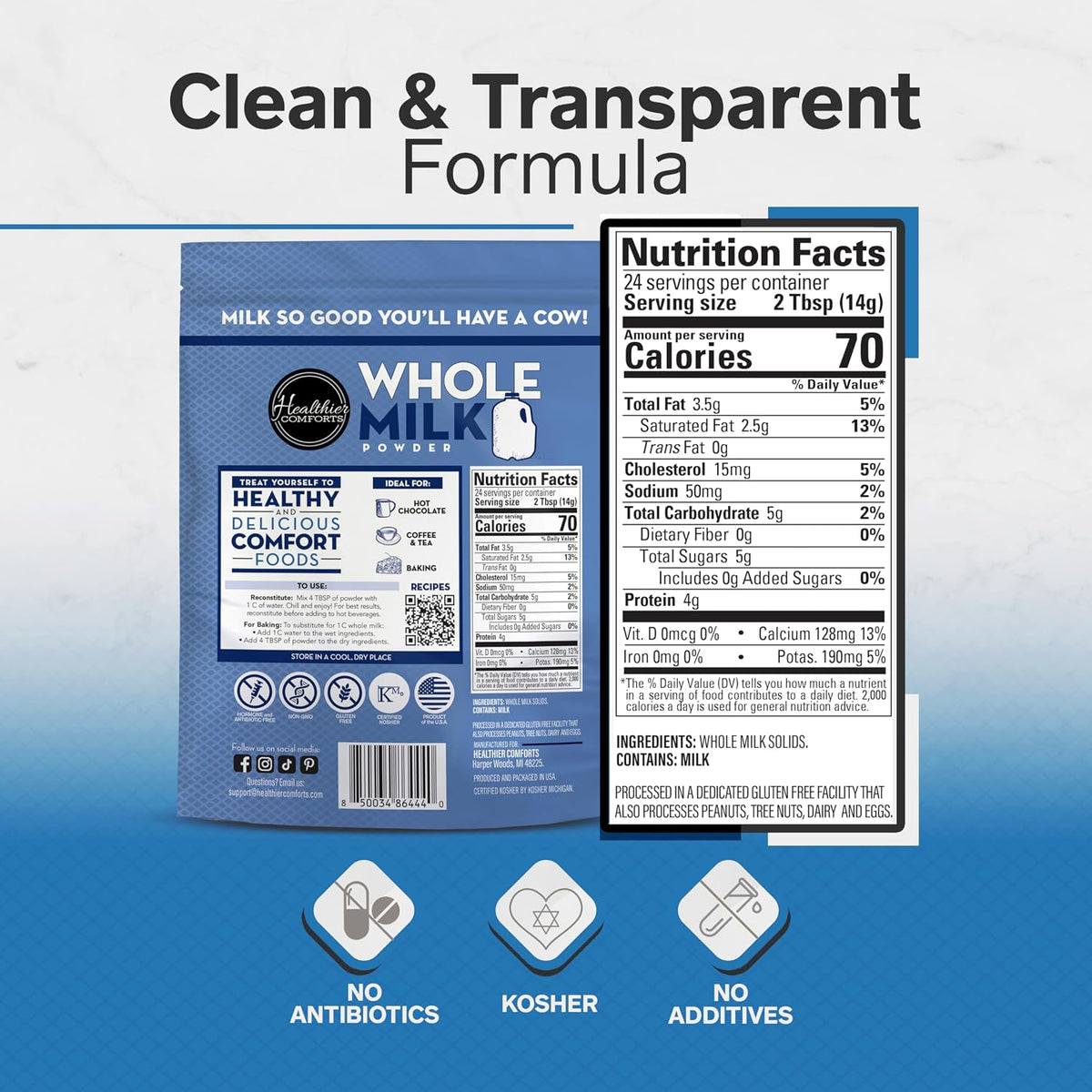 Healthier Comforts Whole Milk Powder | Shelf Stable | Kosher, Gluten Free, Non-GMO, Hormone and Antibiotic Free | Perfect for Shakes, Smoothies, Coffee Creamer, Baking | Made in USA (12oz)