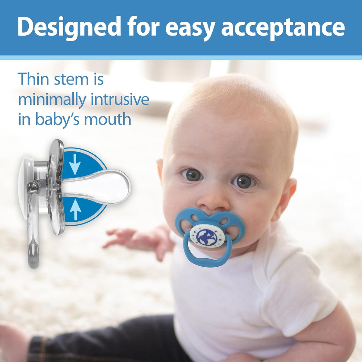 Dr. Brown's Advantage Glow-in-the-Dark Baby Pacifier, Fully Symmetrical Soother with Soft Silicone Bulb, Skateboard Snail-Blue Nature, 6-18m, BPA Free, 4 Pack