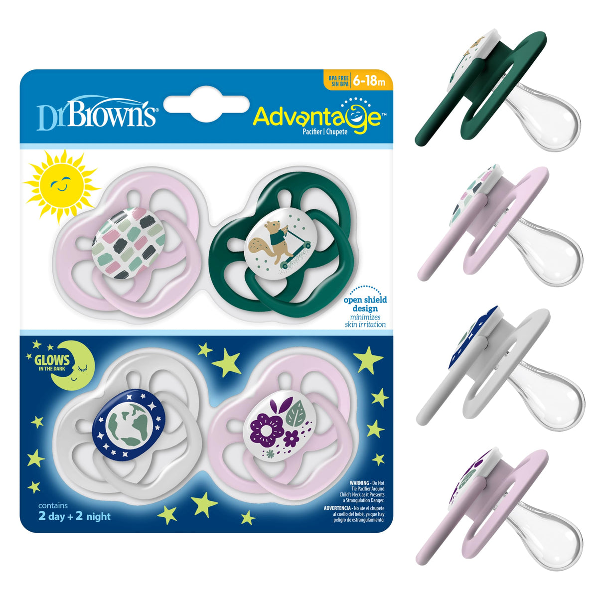 Dr. Brown's Advantage Glow-in-the-Dark Baby Pacifier, Fully Symmetrical Soother with Soft Silicone Bulb, Skateboard Snail-Blue Nature, 6-18m, BPA Free, 4 Pack