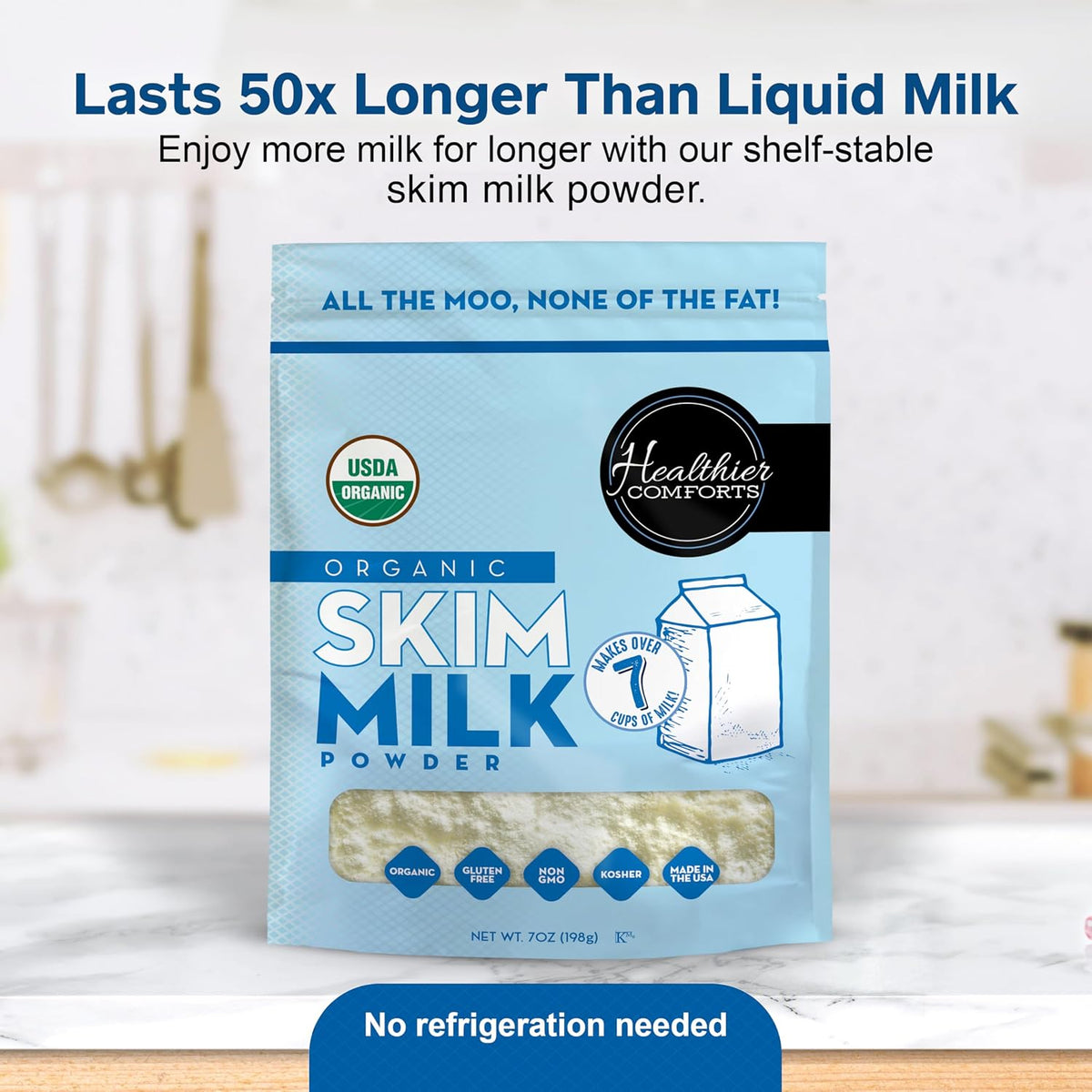 Healthier Comforts Organic Skim Milk Powder | Certified USDA Organic | Fat Free, Kosher, Gluten Free, Non-GMO, Shelf Stable | Perfect for Shakes, Smoothies, Coffee Creamer, Baking | Made in USA (7oz)