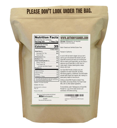 Anthony's Premium Goat Milk Powder, 1 lb, Gluten Free, Non GMO, No Additives