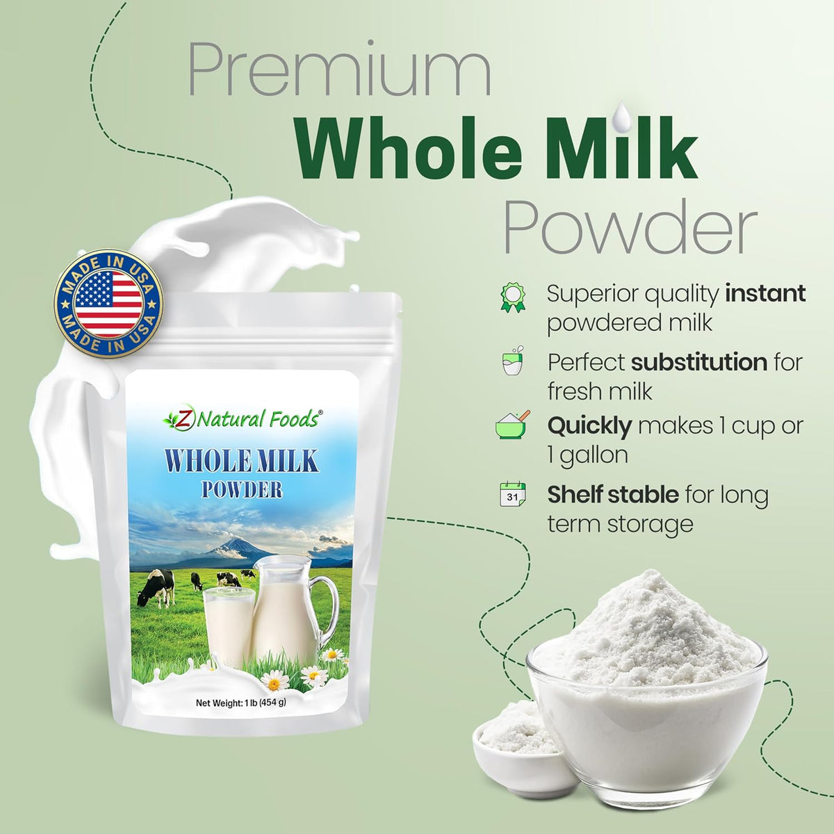 Z Natural Foods Premium Whole Milk Powder - Pasteurized Dry Milk, 1 lb