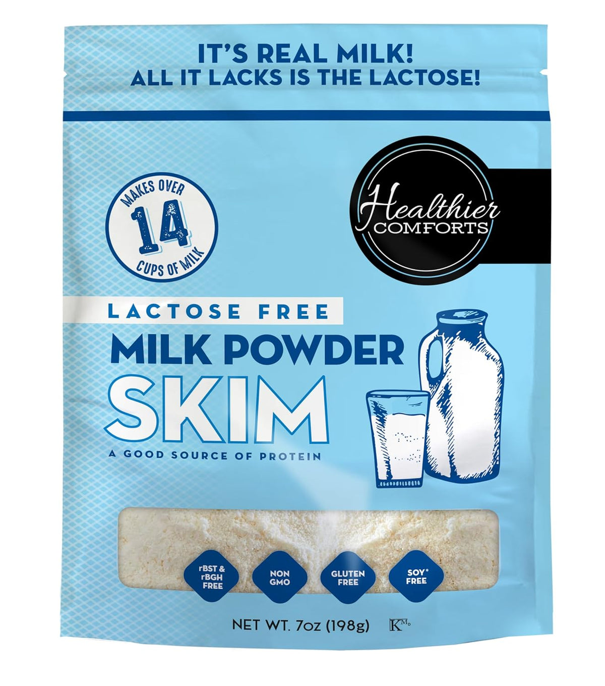 Healthier Comforts Lactose Free Skim Milk Powder | High Protein, Fat Free, Non-GMO, rBST Hormone Free, Kosher, Gluten Free, No Fillers | Baking, Coffee Creamer, Shakes| Makes 14 cups (7 oz) (7 oz)