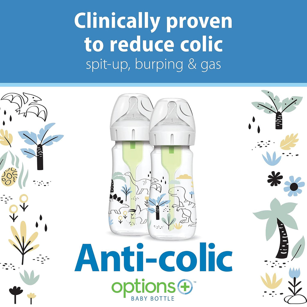 Dr. Brown's Anti-Colic Options+ Wide-Neck Baby Bottles, Dinos, 2-Pack