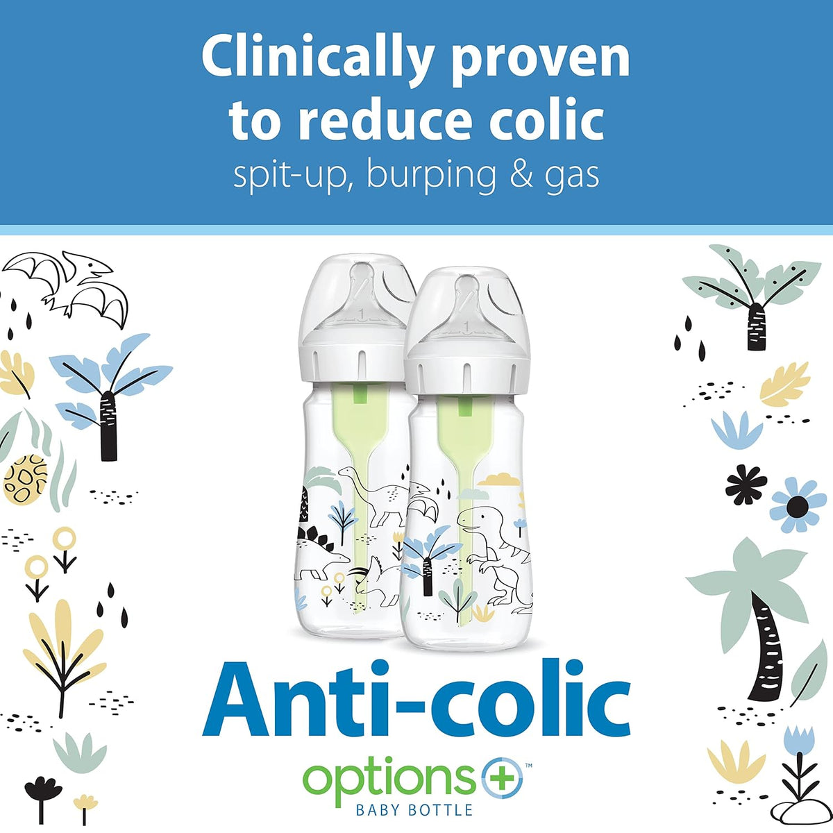 Dr. Brown's Anti-Colic Options+ Wide-Neck Baby Bottles, Dinos, 2-Pack