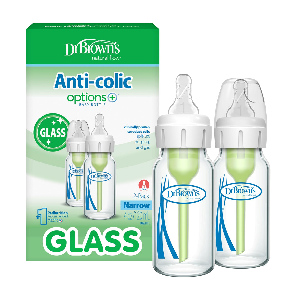 Dr. Brown's Anti-Colic Options+ Narrow Glass Baby Bottle, 8 oz, 4-Pack