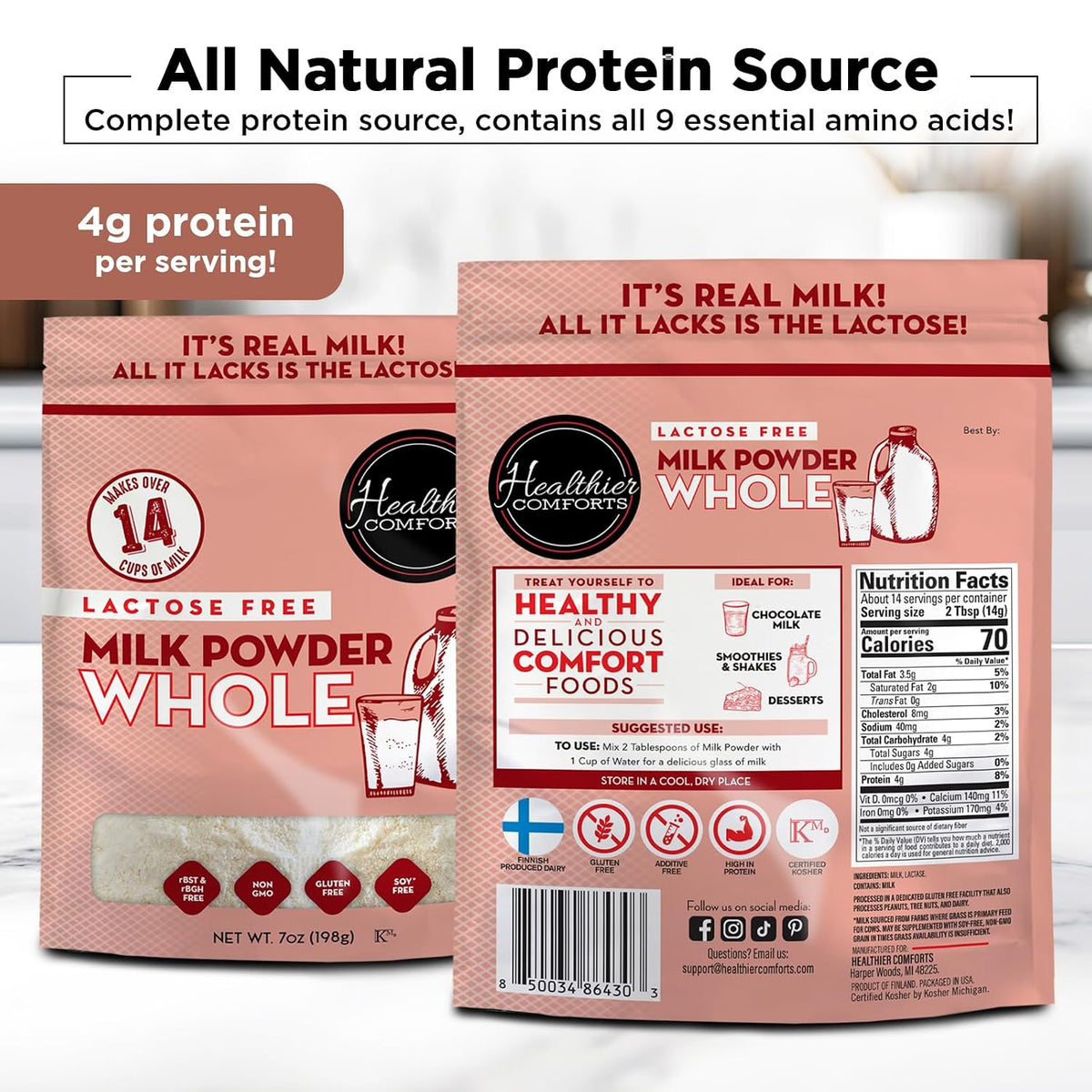 Healthier Comforts Lactose Free Whole Milk Powder | Non-GMO, rBST Hormone Free, Kosher, Gluten Free, No Fillers | Baking, Coffee Creamer, Shakes, Pantry Staple, Camping | Makes 2.5 Gallons (21 oz)
