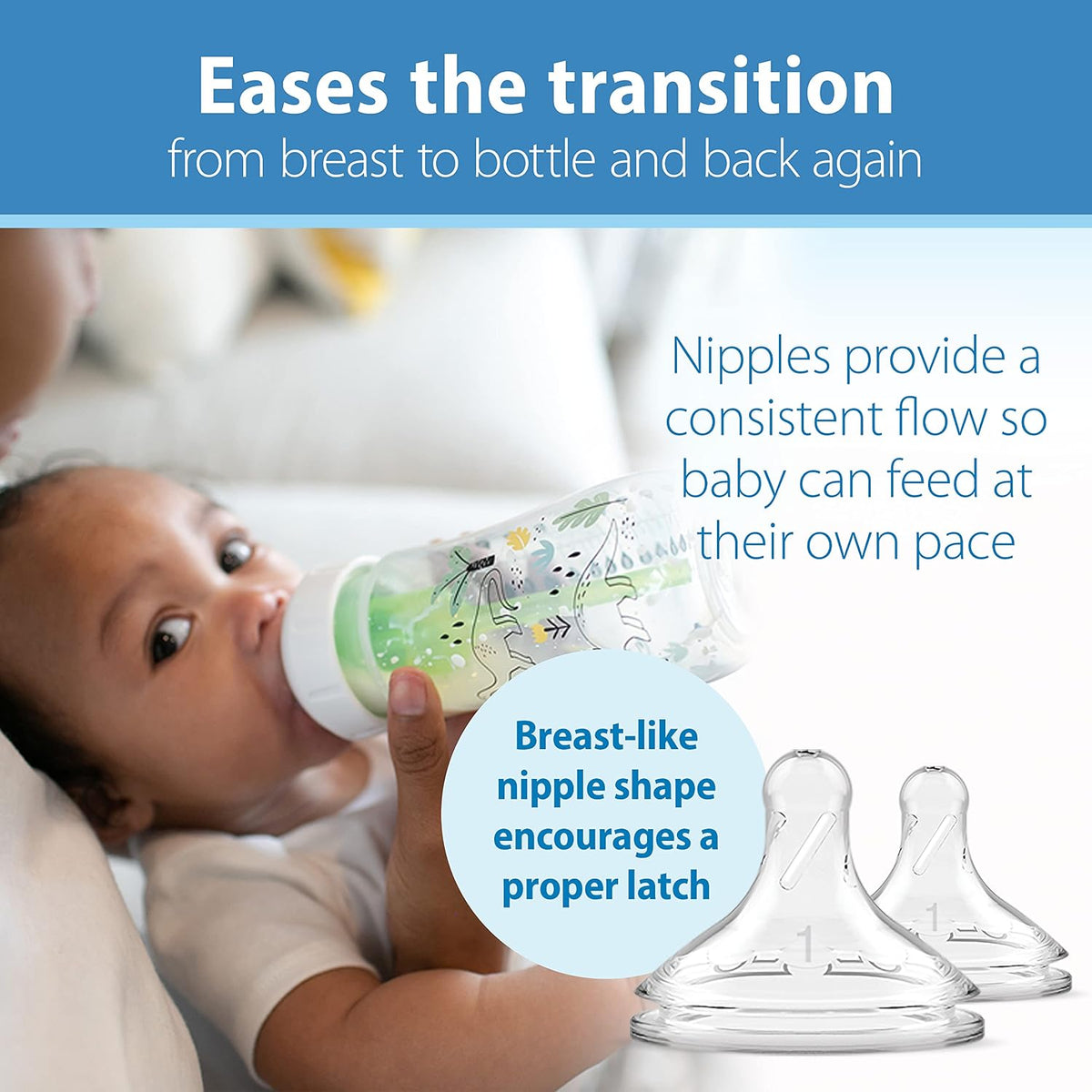 Dr. Brown's Anti-Colic Options+ Wide-Neck Baby Bottles, Dinos, 2-Pack