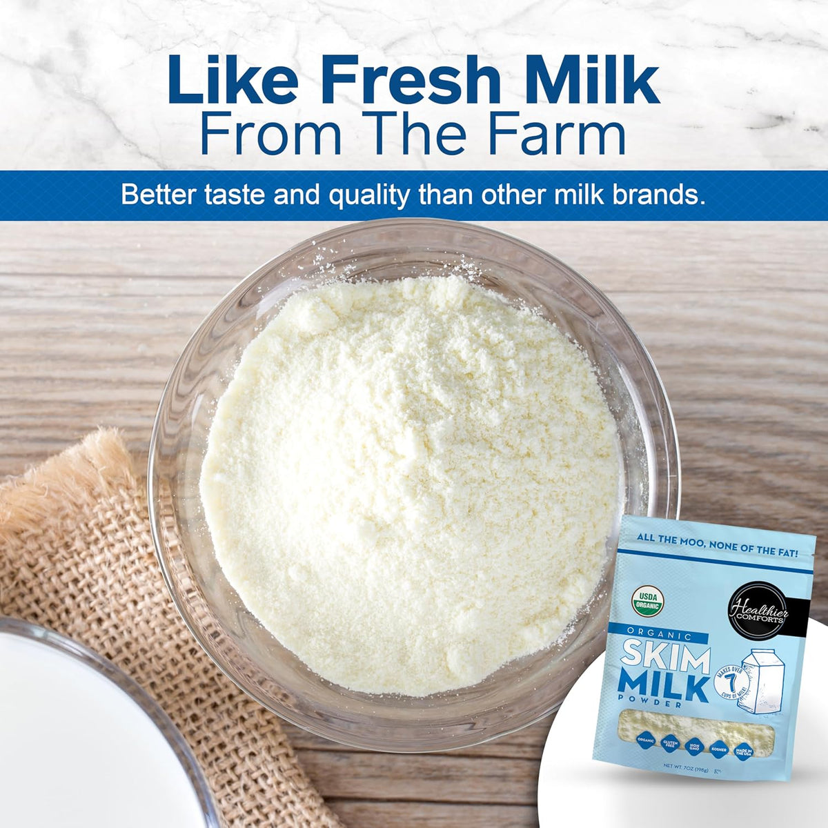 Healthier Comforts Organic Skim Milk Powder | Certified USDA Organic | Fat Free, Kosher, Gluten Free, Non-GMO, Shelf Stable | Perfect for Shakes, Smoothies, Coffee Creamer, Baking | Made in USA (7oz)