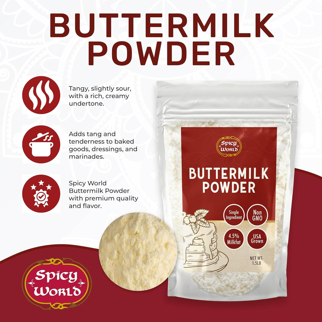 Spicy World Premium Buttermilk Powder 1.5 LB - Made in USA from Sweet Cream, Non-GMO, 4.5% Milkfat, Perfect for Biscuits, Cornbread, and More!