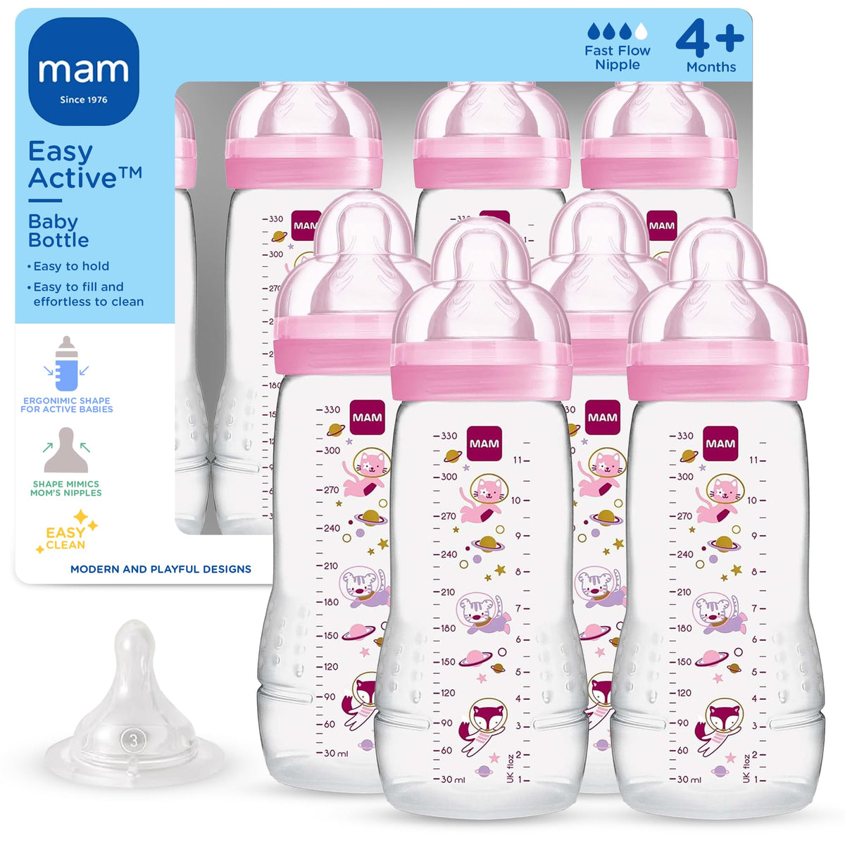 MAM 11oz Natural Flow Active Anti-Colic Baby Bottle, 4+ Mths, 2 Pack
