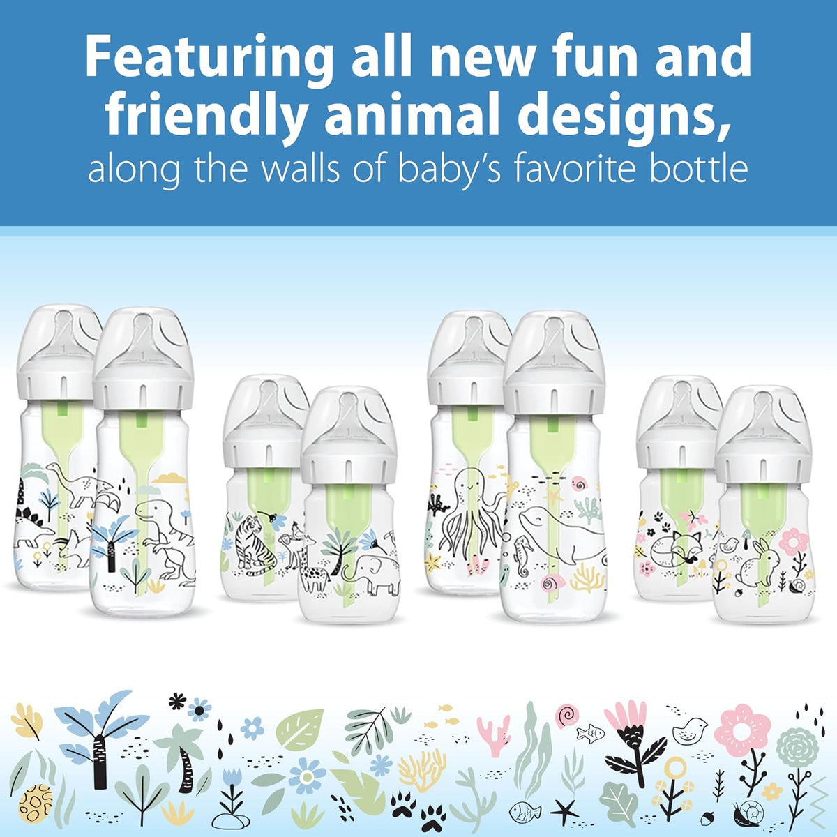 Dr. Brown's Anti-Colic Options+ Wide-Neck Baby Bottles, Ocean, 2-Pack