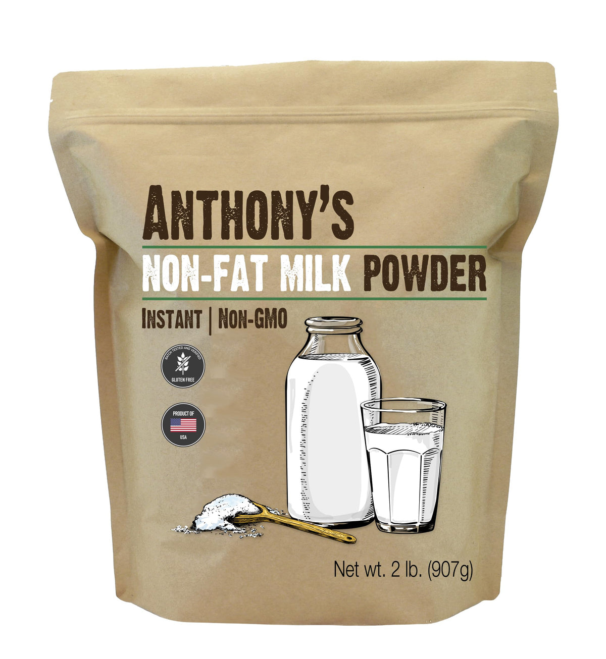 Anthony's Non Fat Milk Powder, 2 lb, Instant, Gluten Free & Non GMO