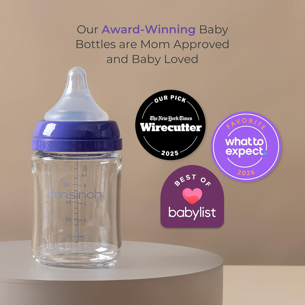 Lansinoh Anti-Colic Glass Baby Bottles, Purple Collar, 5 Ounces, 4 Count