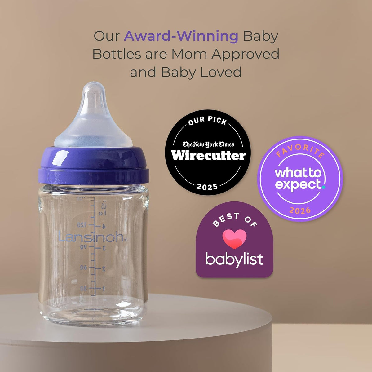 Lansinoh Anti-Colic Glass Baby Bottles, Purple Collar, 5 Ounces, 4 Count