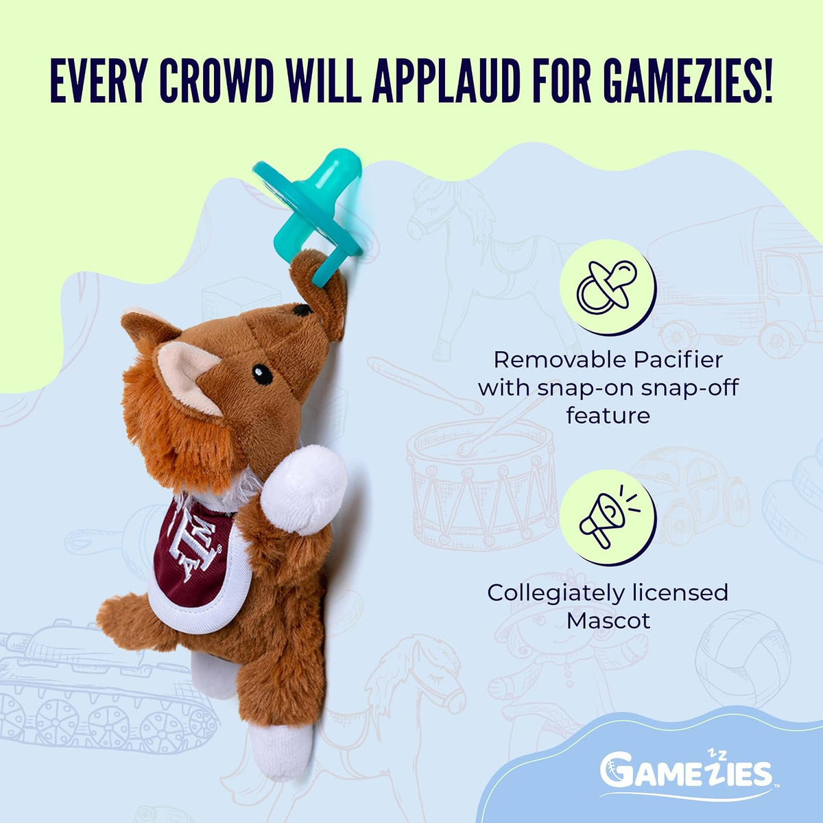 Gamezies Baby Boy and Girl Silicone Texas A&M University Reveille Mascot Plush Pacifier Collegiately Licensed, Removable, Washable Plush Toy, CPSIA Tested, BPA-Free 0-6 Months