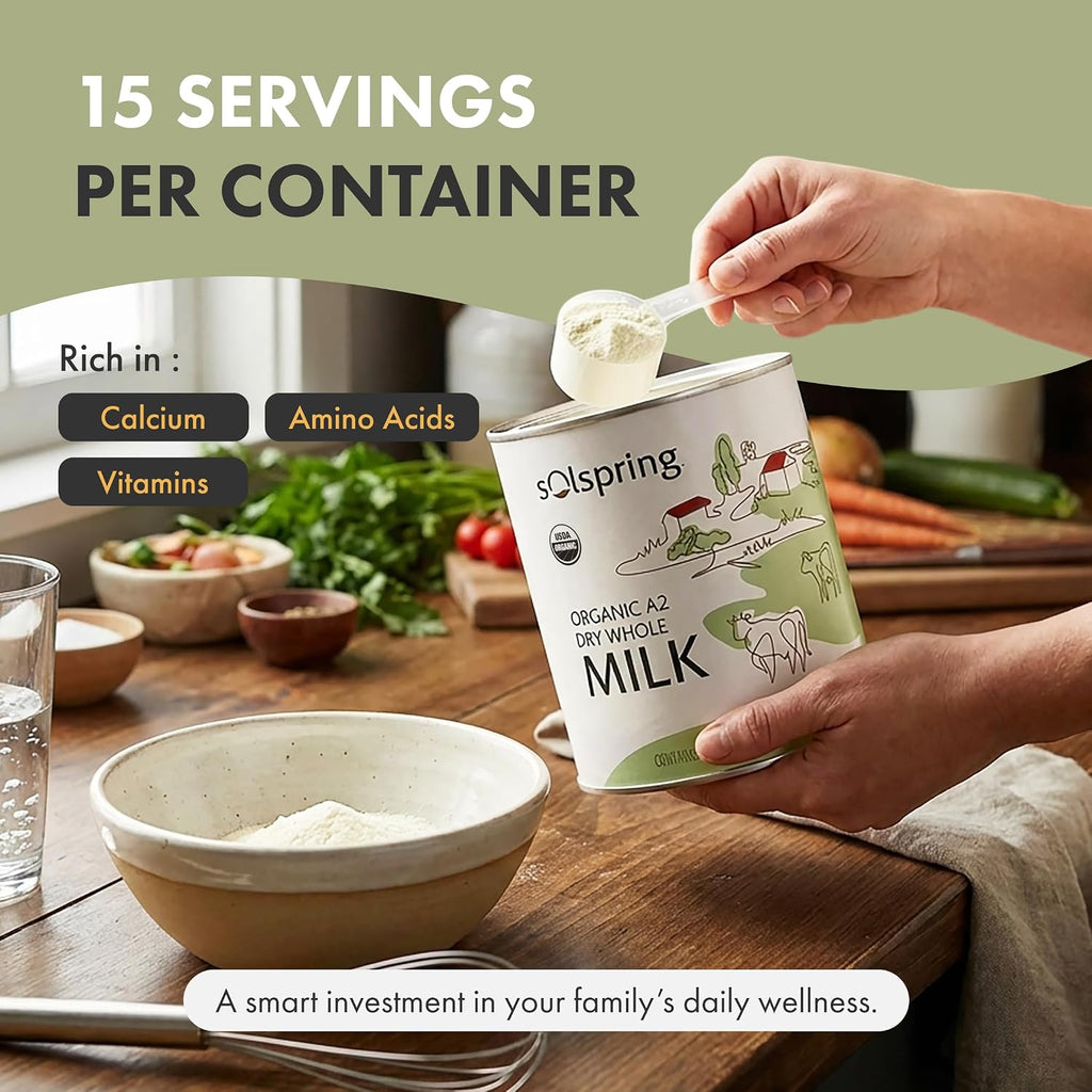 Solspring Organic A2 Dry Whole Milk, 17.4 oz (15 Servings)