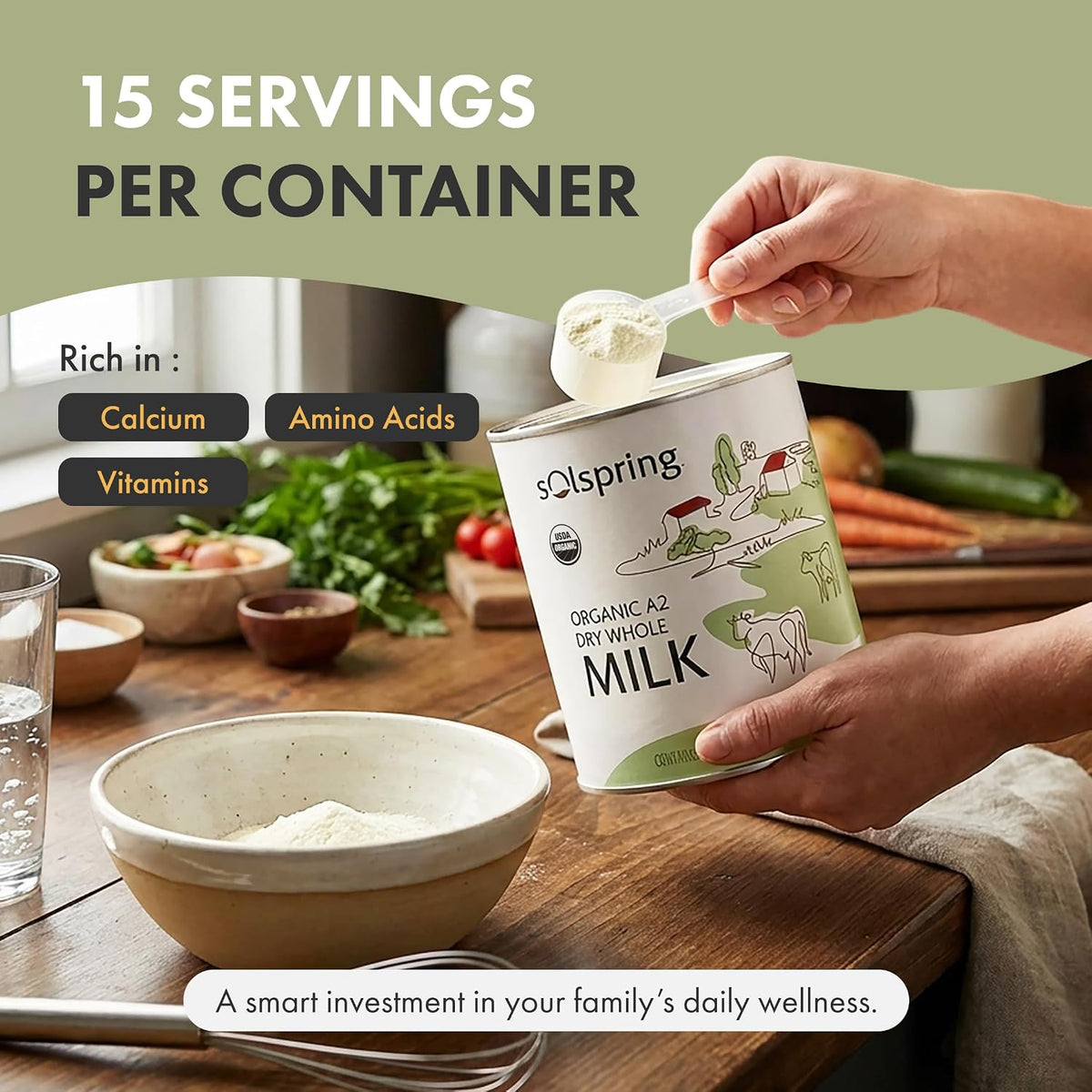 Solspring Organic A2 Dry Whole Milk, 17.4 oz (15 Servings)