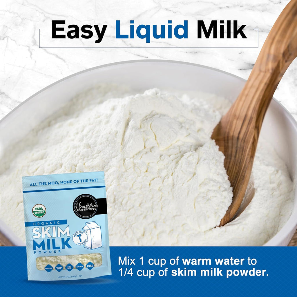 Healthier Comforts Organic Skim Milk Powder | Certified USDA Organic | Fat Free, Kosher, Gluten Free, Non-GMO, Shelf Stable | Perfect for Shakes, Smoothies, Coffee Creamer, Baking | Made in USA (7oz)