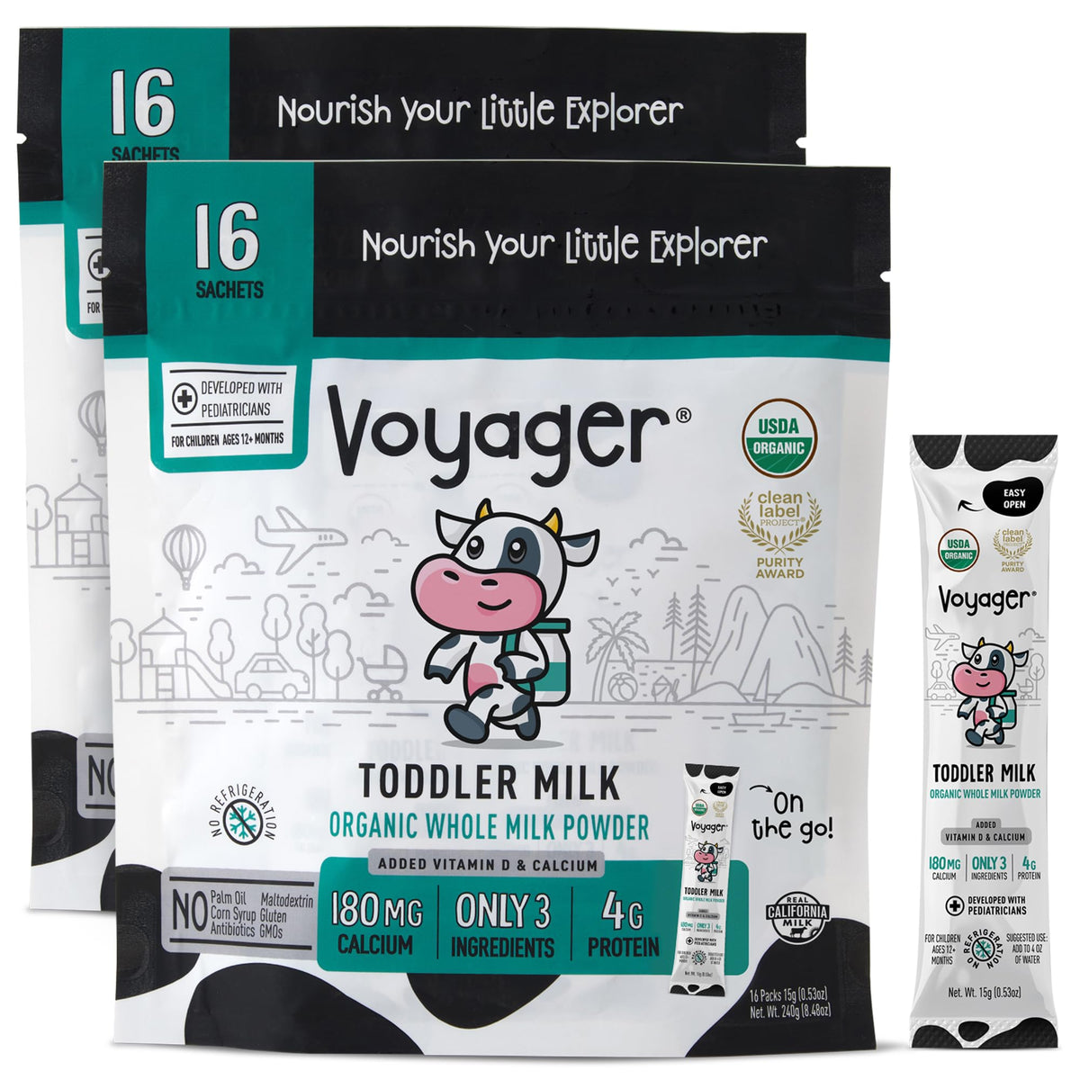 Voyager Toddler Milk On The Go, USDA Organic Shelf Stable Whole Milk Powder, Great for Travel, No Refrigeration, Gluten Free with No GMO's and No Antibiotics for Kids, 16 Sachets of 15g