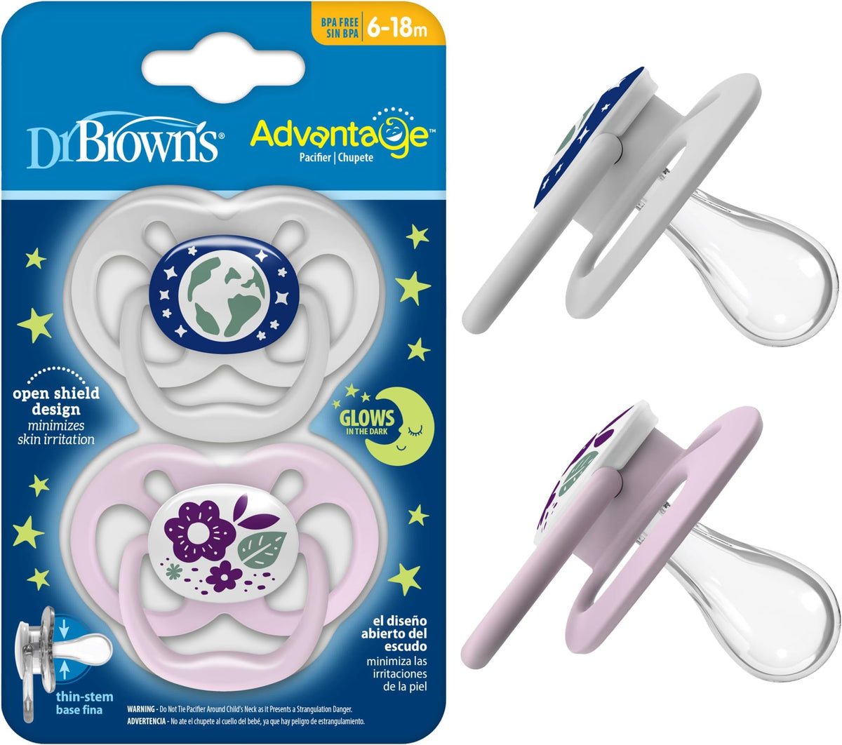 Dr. Brown's Advantage Glow-in-the-Dark Baby Pacifier, Fully Symmetrical Soother with Soft Silicone Bulb, Skateboard Snail-Blue Nature, 6-18m, BPA Free, 4 Pack