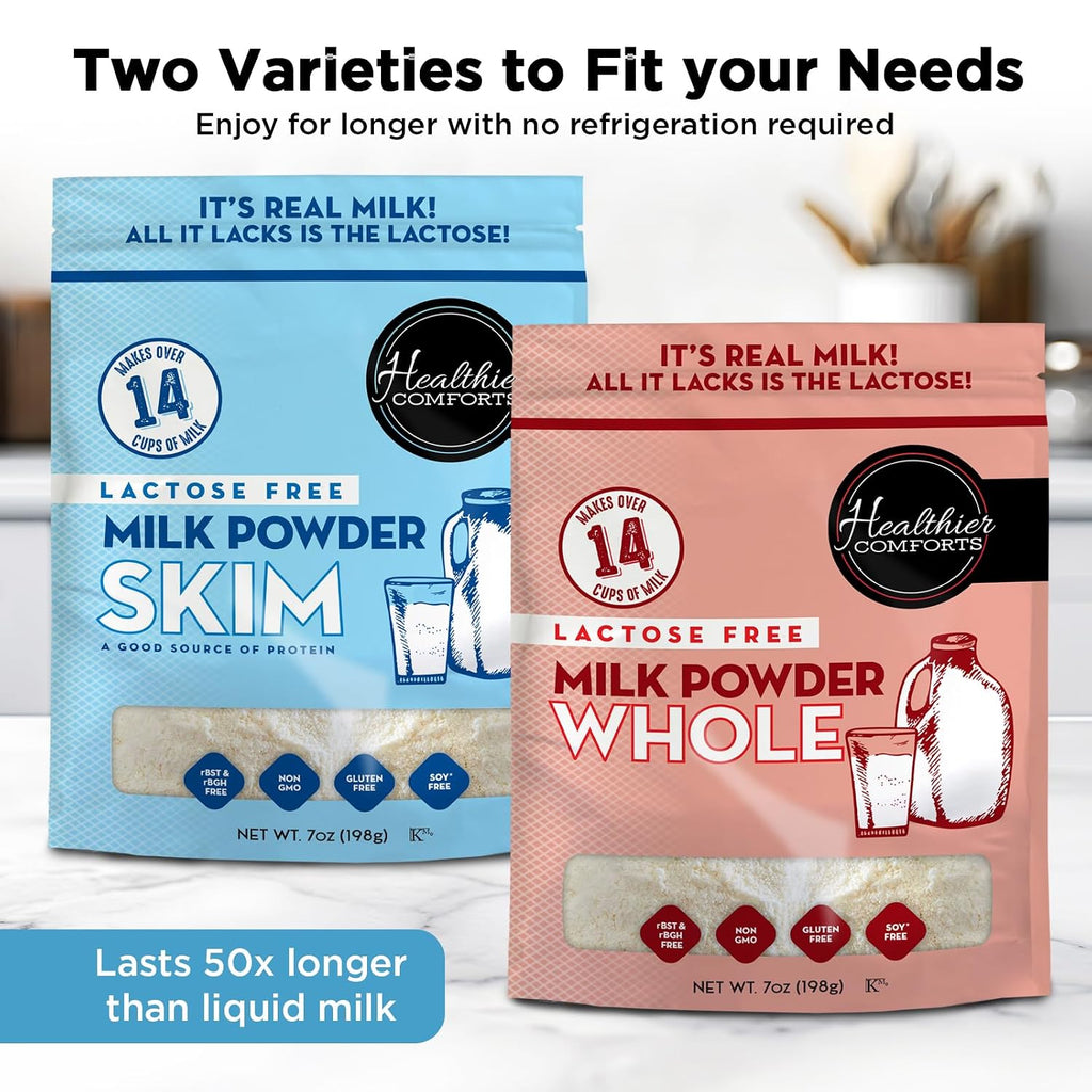 Healthier Comforts Lactose Free Whole Milk Powder | Non-GMO, rBST Hormone Free, Kosher, Gluten Free, No Fillers | Baking, Coffee Creamer, Shakes, Pantry Staple, Camping | Makes 2.5 Gallons (21 oz)