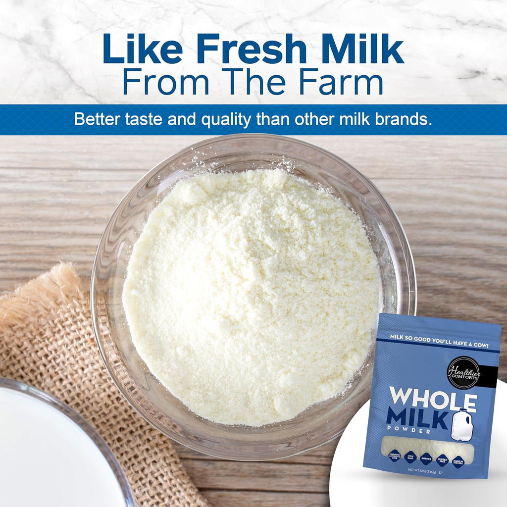 Healthier Comforts Whole Milk Powder | Shelf Stable | Kosher, Gluten Free, Non-GMO, Hormone and Antibiotic Free | Perfect for Shakes, Smoothies, Coffee Creamer, Baking | Made in USA (12oz)