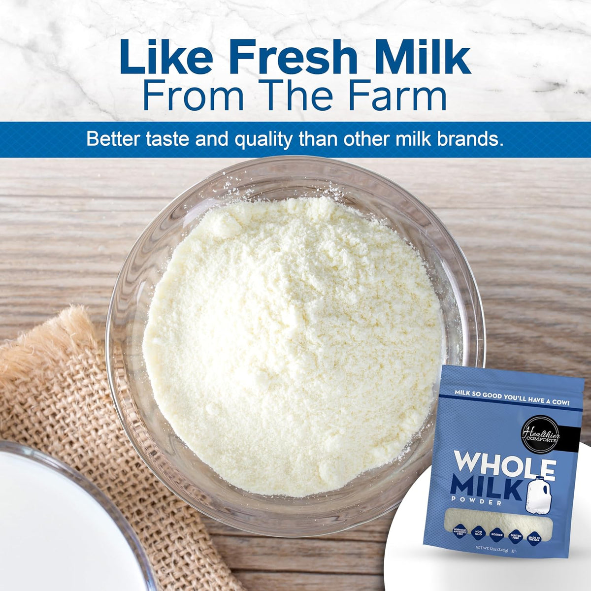 Healthier Comforts Whole Milk Powder | Shelf Stable | Kosher, Gluten Free, Non-GMO, Hormone and Antibiotic Free | Perfect for Shakes, Smoothies, Coffee Creamer, Baking | Made in USA (12oz)