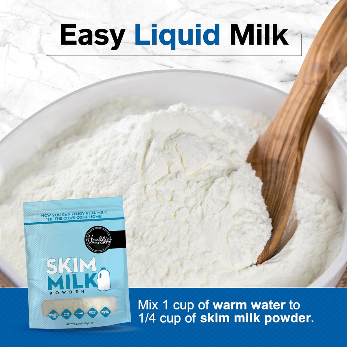 Healthier Comforts Skim Milk Powder | Fat Free, Shelf Stable | Kosher, Gluten Free, Non-GMO, Hormone and Antibiotic Free | Perfect for Shakes, Smoothies, Coffee Creamer, Baking | Made in USA (12oz)