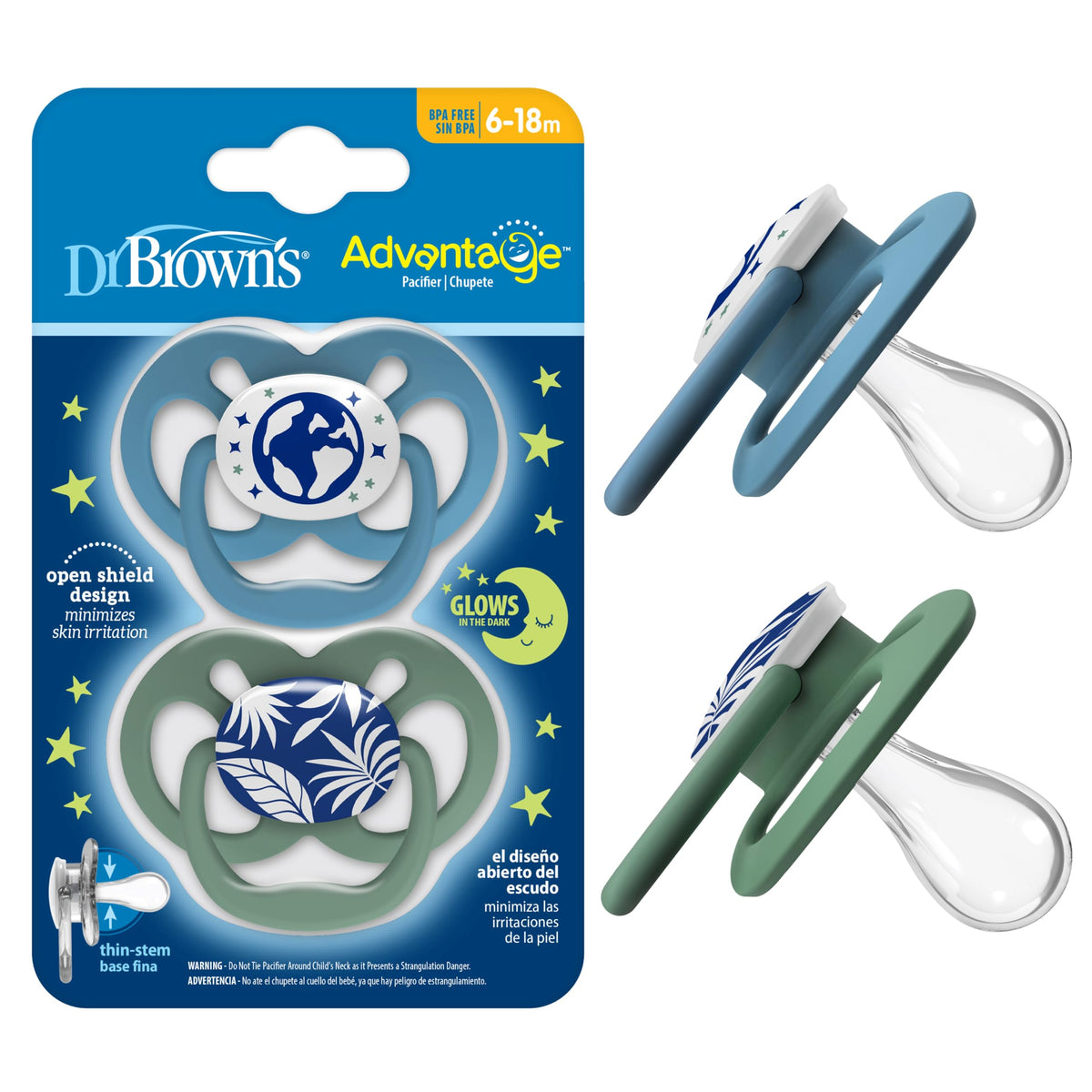 Dr. Brown's Advantage Glow-in-the-Dark Baby Pacifier, Fully Symmetrical Soother with Soft Silicone Bulb, Skateboard Snail-Blue Nature, 6-18m, BPA Free, 4 Pack
