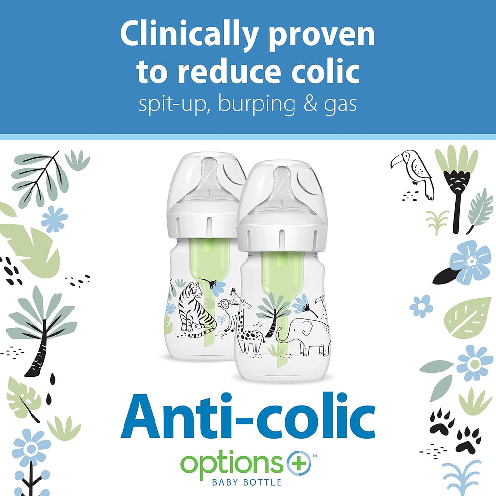 Dr. Brown's Anti-Colic Options+ Wide-Neck Baby Bottles, Jungle, 2-Pack