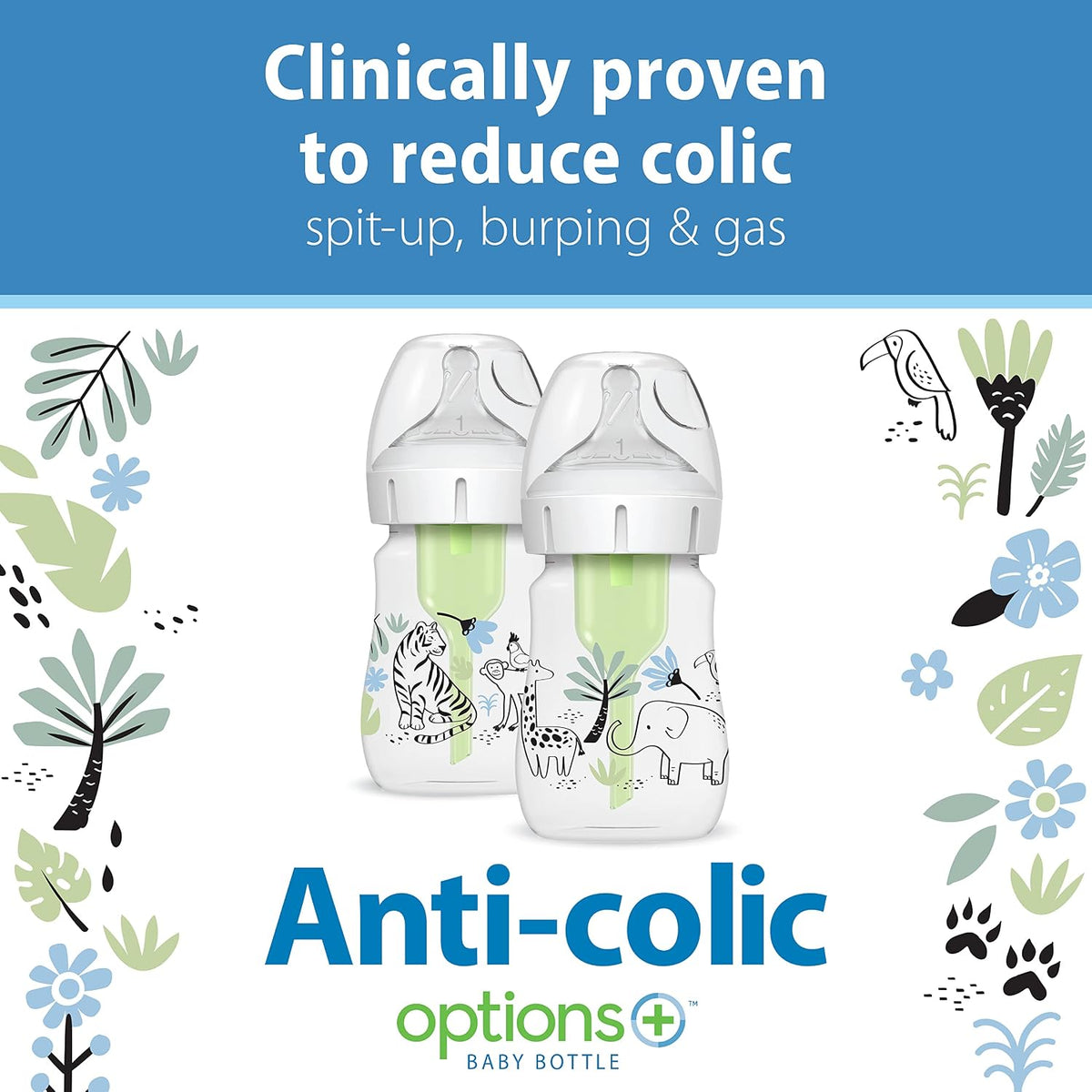 Dr. Brown's Anti-Colic Options+ Wide-Neck Baby Bottles, Jungle, 2-Pack