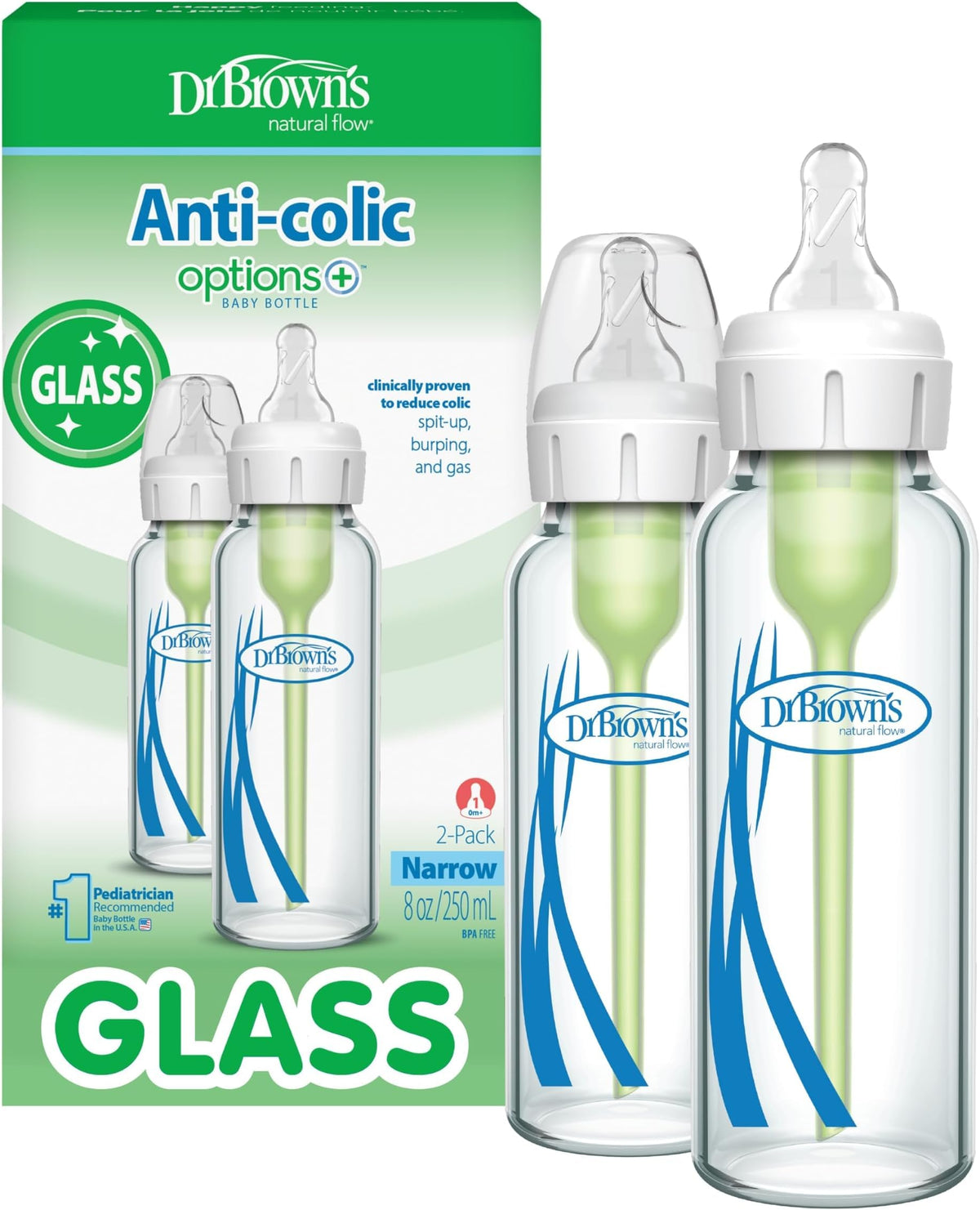 Dr. Brown's Anti-Colic Options+ Narrow Glass Baby Bottle, 8 oz, 4-Pack