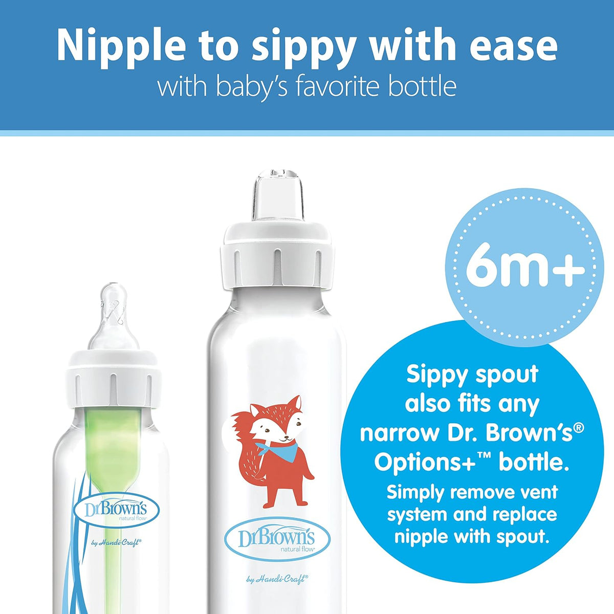 Dr. Brown's Narrow Sippy Spout Bottle, Fox & Lion, 8 oz, 2-Pack